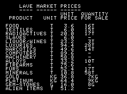 The Market Prices screen in Apple II Elite