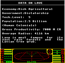 The Data on System screen for Lave in the BBC Micro disc version of Elite
