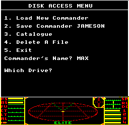The disc access menu in BBC Micro disc Elite