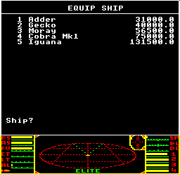 The Elite-A ship-buying screen