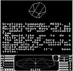 The Constrictor mission briefing in the Compendium version of Acorn Electron Elite