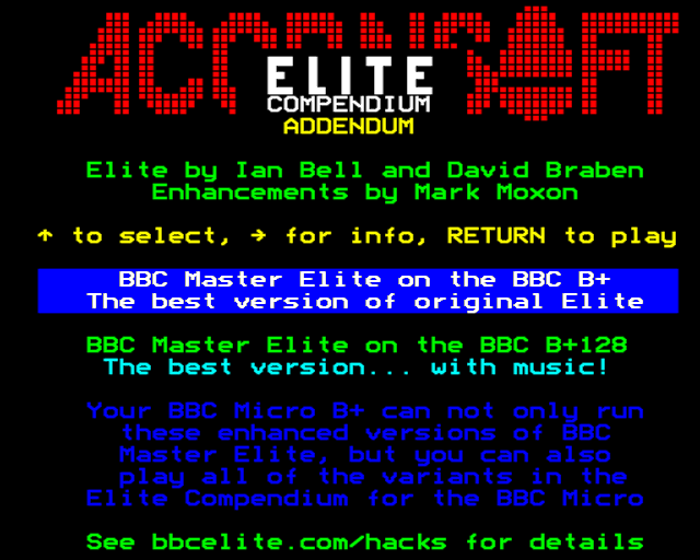 The menu for the BBC Micro B+ version of the Elite Compendium