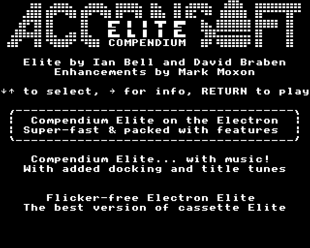 The menu for the Acorn Electron version of the Elite Compendium