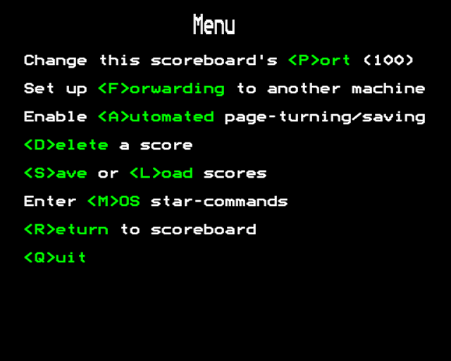 The multiplayer scoreboard menu for Elite over Econet
