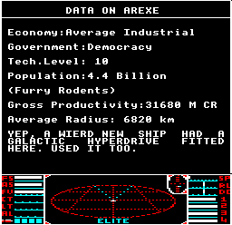 The mission message at Arexe in BBC Micro Elite