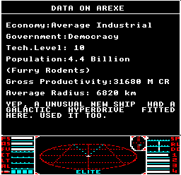The mission message at Arexe in BBC Micro Elite