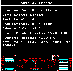 The mission message at Cearso in BBC Micro Elite