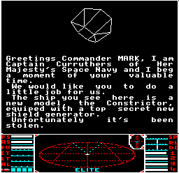 The first briefing screen for the Constrictor mission in BBC Micro Elite