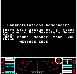 The debriefing screen for the Constrictor mission in BBC Micro Elite