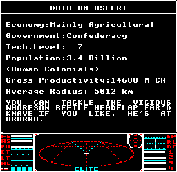 The mission message at Usleri in BBC Micro Elite